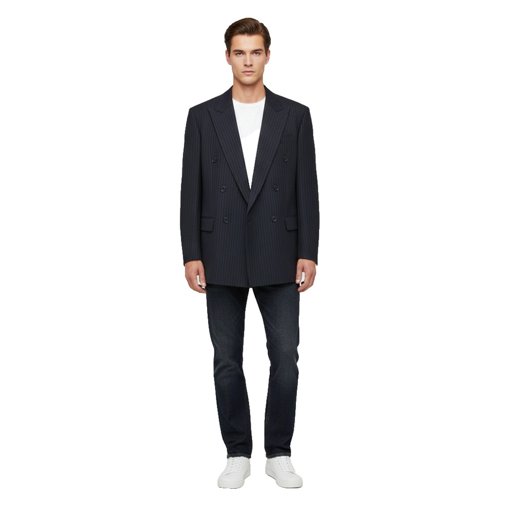YSL Men's 48L Navy Blue Pinstripe Double Breasted Blazer Jacket Made in Portugal